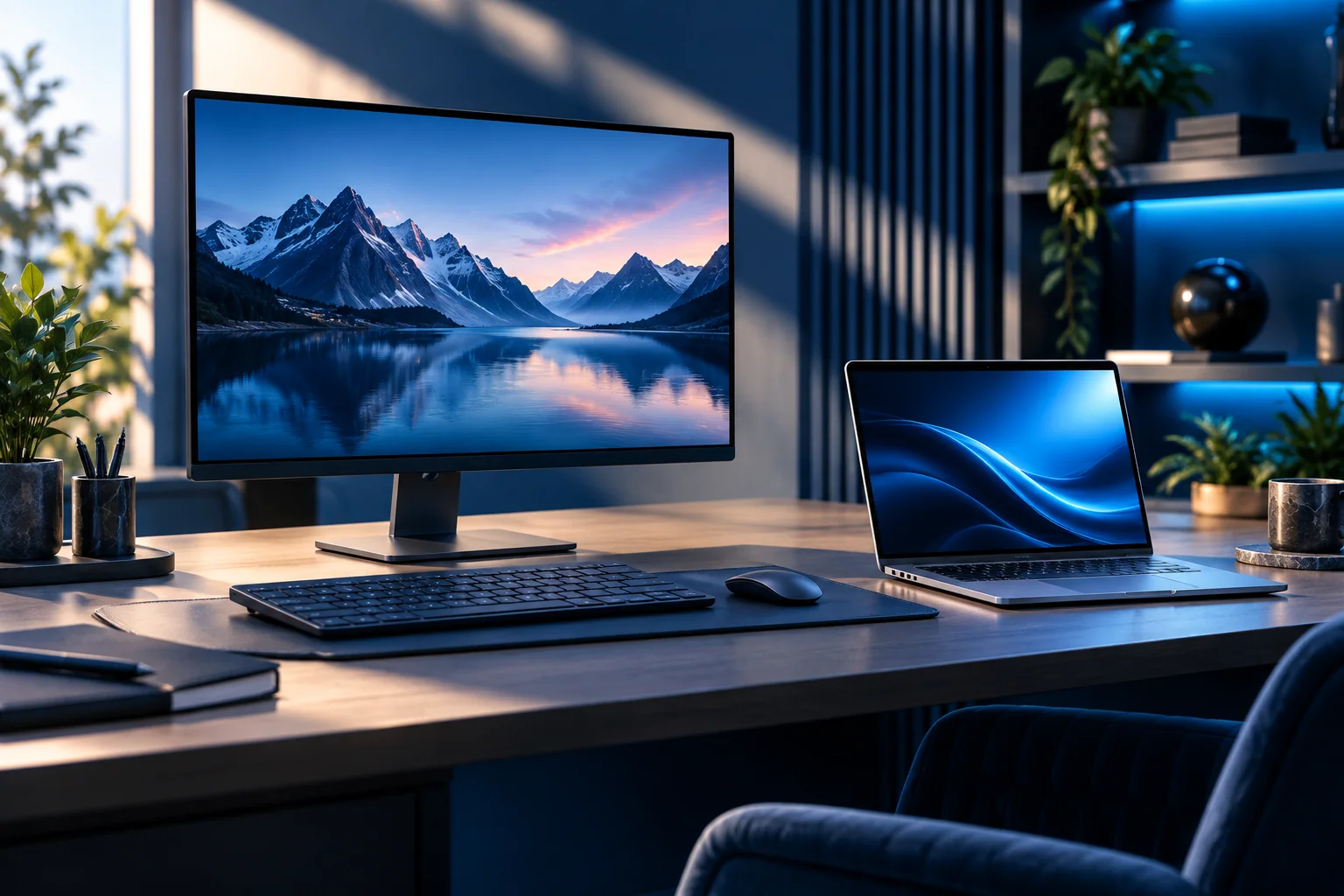 Computadora de escritorio y laptop sobre un escritorio